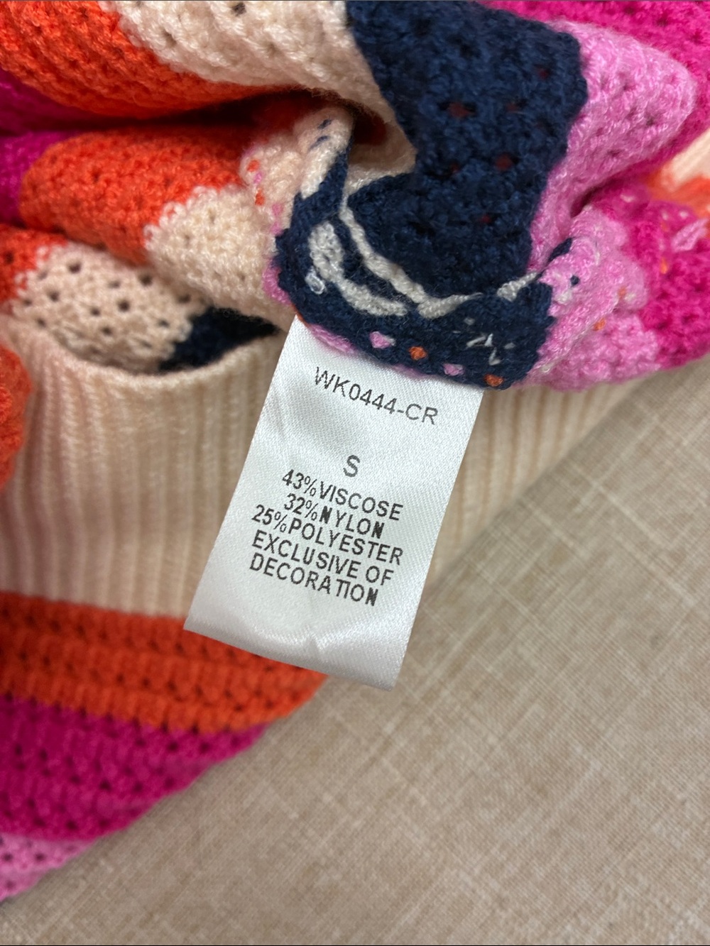 THML Striped Crochet Knit Sleeveless Crew in Pink, Orange, Navy & Cream - Picture 10 of 10